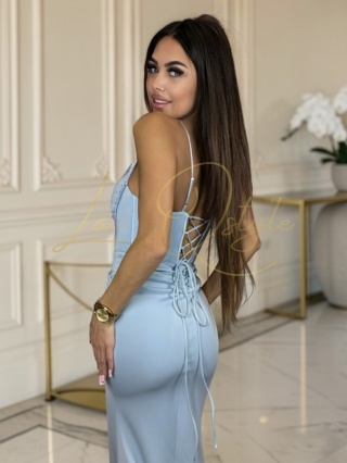 ADARIS długa dopasowana sukienka z ozdobnym gorsetem BŁĘKITNA