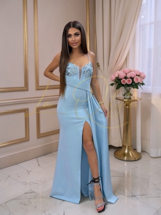 IMMER dopasowana długa sukienka z ozdobnym gorsetem i trenem BŁĘKITNA