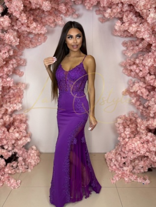 KEISHA gorsetowa sukienka o kroju rybki z tiulową wstawką FIOLETOWA