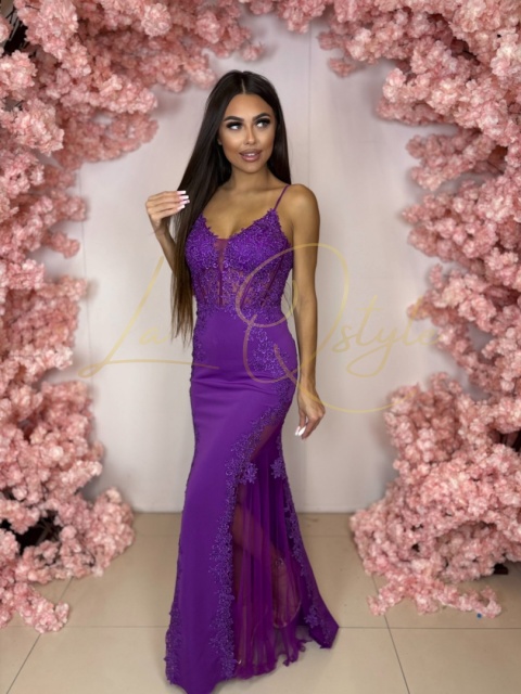 KEISHA gorsetowa sukienka o kroju rybki z tiulową wstawką FIOLETOWA