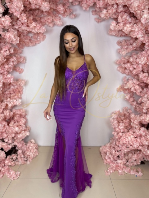 KEISHA gorsetowa sukienka o kroju rybki z tiulową wstawką FIOLETOWA