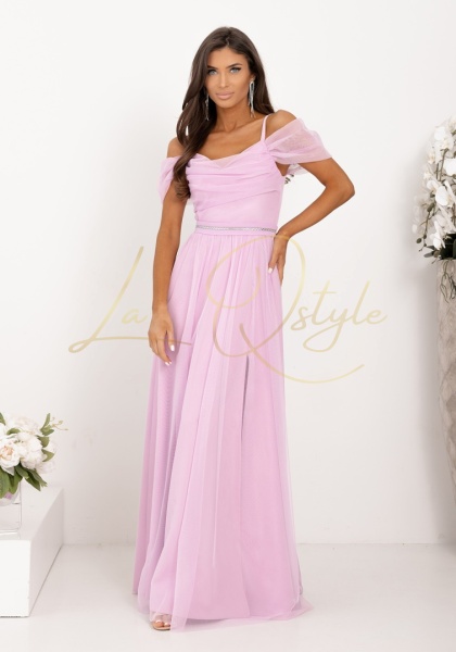 KIARA długa tiulowa sukienka z opadającymi ramionami i paskiem LILA