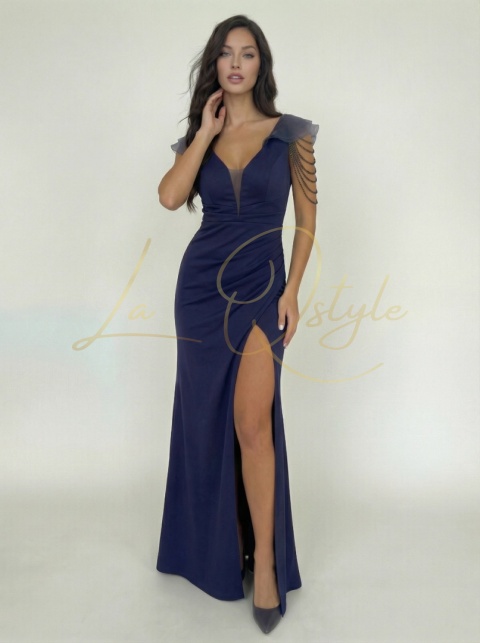 LUIZA maxi dopasowana sukienka z koralikami na ramionach GRANATOWA