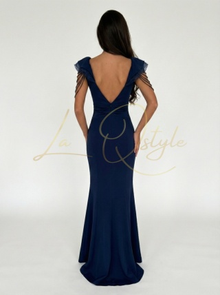 LUIZA maxi dopasowana sukienka z koralikami na ramionach GRANATOWA