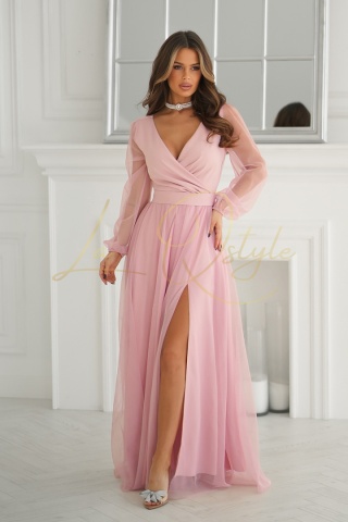 MARGARET długa tiulowa sukienka z długim rękawem i paskiem PUDROWY RÓŻ