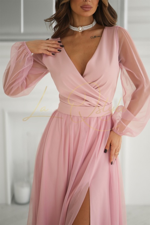 MARGARET długa tiulowa sukienka z długim rękawem i paskiem PUDROWY RÓŻ