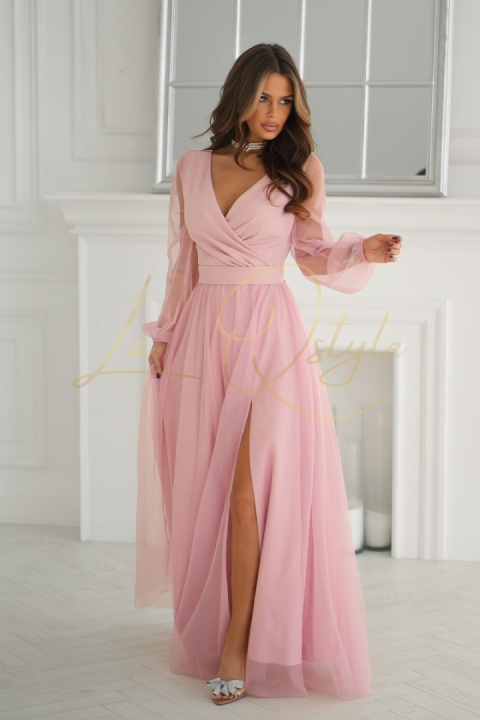 MARGARET długa tiulowa sukienka z długim rękawem i paskiem PUDROWY RÓŻ