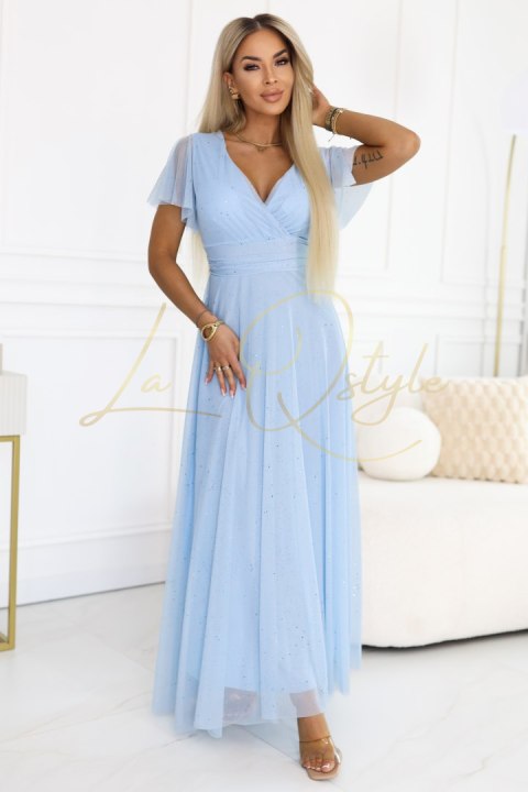 MELANIA długa błyszcząca suknia z dekoltem i krótkim rękawkiem BŁĘKITNA