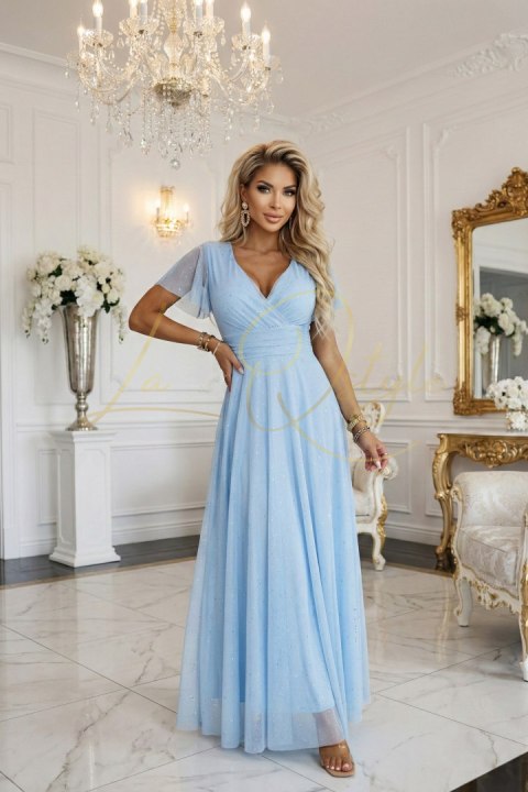 MELANIA długa błyszcząca suknia z dekoltem i krótkim rękawkiem BŁĘKITNA