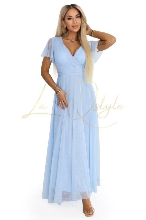 MELANIA długa błyszcząca suknia z dekoltem i krótkim rękawkiem BŁĘKITNA