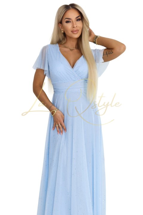 MELANIA długa błyszcząca suknia z dekoltem i krótkim rękawkiem BŁĘKITNA