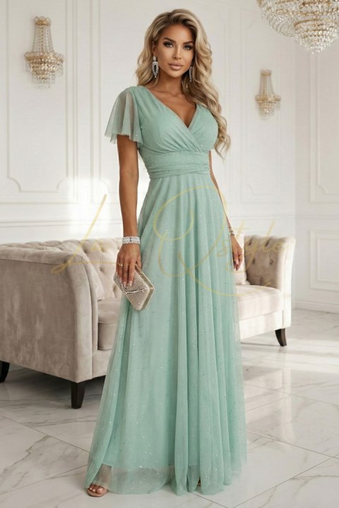 Długa błyszcząca suknia z dekoltem i krótkim rękawkiem PISTACJOWA