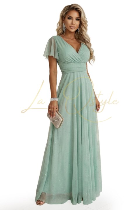 Długa błyszcząca suknia z dekoltem i krótkim rękawkiem PISTACJOWA