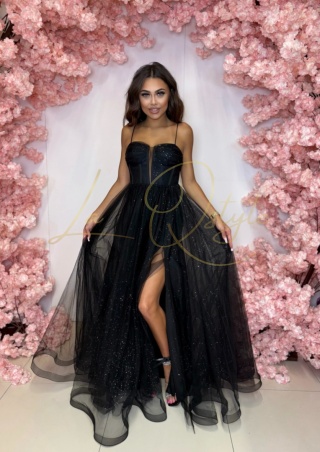 SHIBA balowa błyscząca sukienka tiulowa z gorsetem księżniczka CZARNA