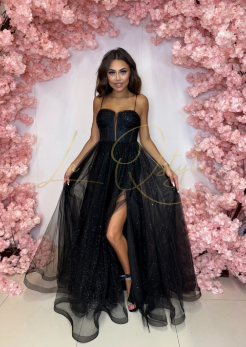 Balowa błyscząca sukienka tiulowa z gorsetem księżniczka CZARNA