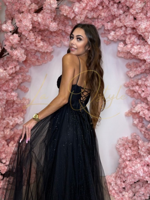 SHIBA balowa błyscząca sukienka tiulowa z gorsetem księżniczka CZARNA