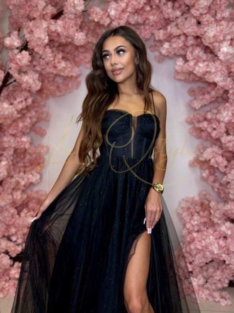 SHIBA balowa błyscząca sukienka tiulowa z gorsetem księżniczka CZARNA