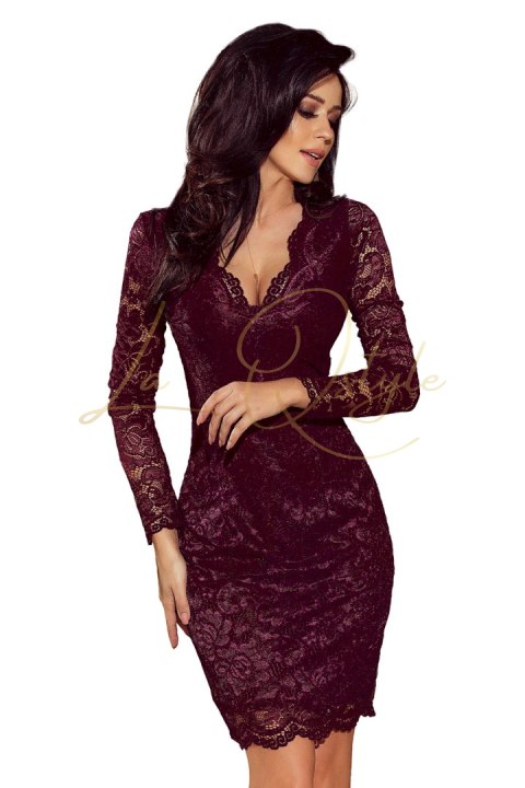 170-10 Sukienka koronkowa z długim rękawkiem i DEKOLTEM - CIEMNA ŚLIWKA