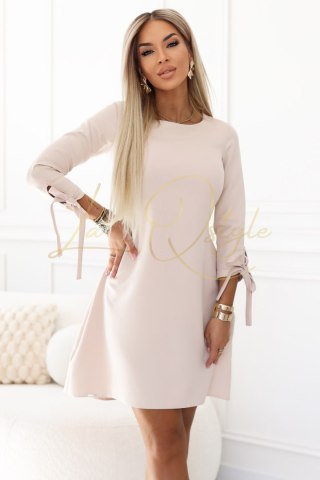 ALICE Trapezowa sukienka mini z kokardą i wiązanymi rękawami BEŻOWA