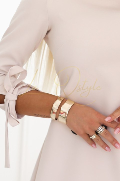 Trapezowa sukienka mini z kokardą i wiązanymi rękawami BEŻOWA