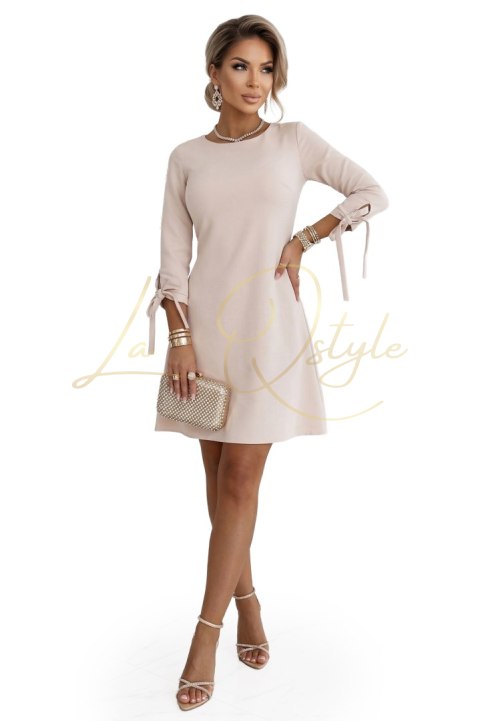 Trapezowa sukienka mini z kokardą i wiązanymi rękawami BEŻOWA