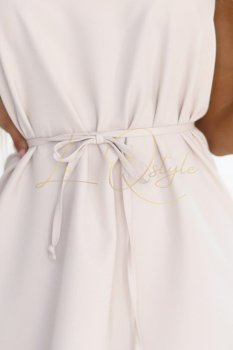 Trapezowa sukienka bez rękawów z paskiem BEŻOWA