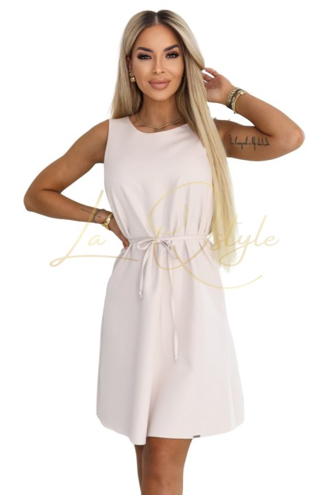 Trapezowa sukienka bez rękawów z paskiem BEŻOWA