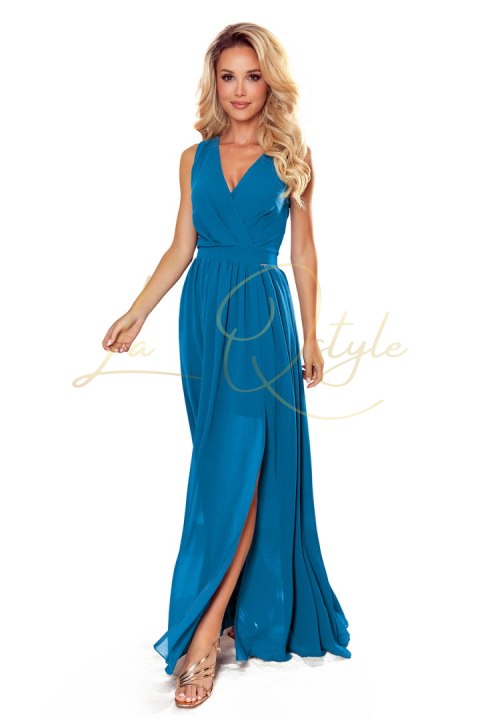 JUSTINE Długa suknia z dekoltem i wiązaniem NIEBIESKA