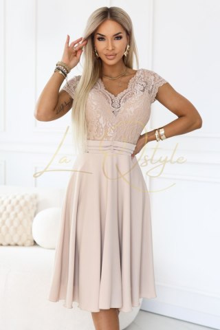 LINDA szyfonowa zwiewna sukienka z koronkowym dekoltem BEŻOWA