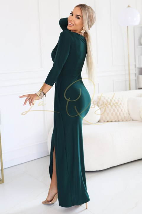 Błyszcząca długa sukienka z kopertowym dekoltem i rozcięciem BUTELKOWA ZIELEŃ