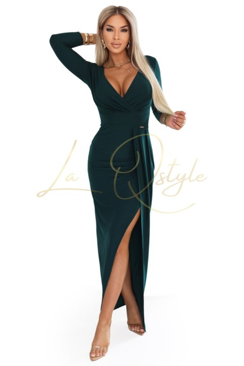 Błyszcząca długa sukienka z kopertowym dekoltem i rozcięciem BUTELKOWA ZIELEŃ