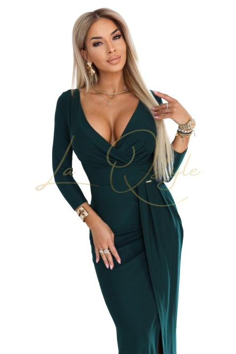 Błyszcząca długa sukienka z kopertowym dekoltem i rozcięciem BUTELKOWA ZIELEŃ