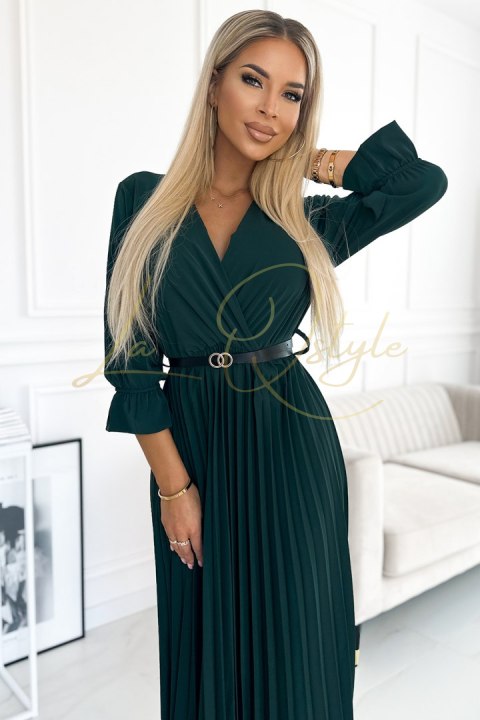 SERENA Plisowana sukienka maxi z dekoltem, paskiem i rękawem 3/4 ZIELEŃ BUTELKOWA