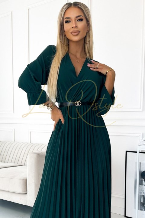 SERENA Plisowana sukienka maxi z dekoltem, paskiem i rękawem 3/4 ZIELEŃ BUTELKOWA