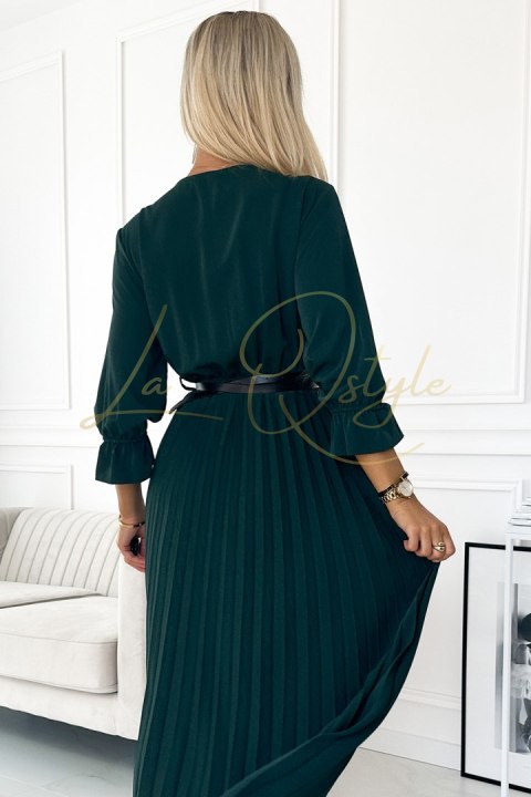 SERENA Plisowana sukienka maxi z dekoltem, paskiem i rękawem 3/4 ZIELEŃ BUTELKOWA
