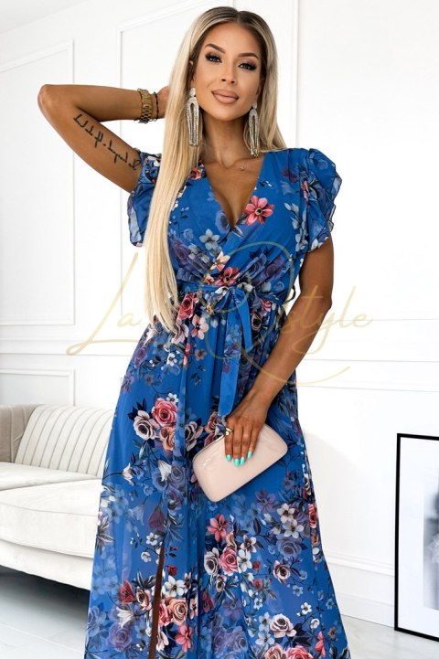 ARIA Długa sukienka z dekoltem i krótkim rękawkiem NIEBIESKA w kwiaty