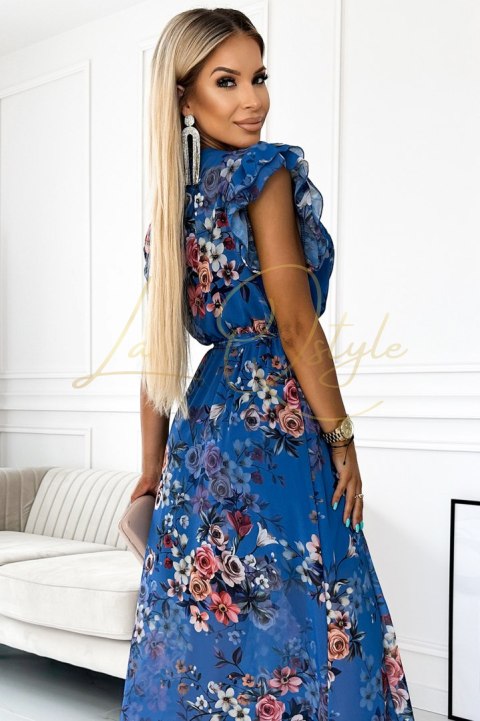 ARIA Długa sukienka z dekoltem i krótkim rękawkiem NIEBIESKA w kwiaty