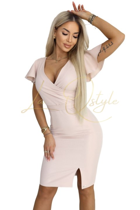 NINA elegancka sukienka z kopertowym dekoltem, rękawkiem i paskiem BEŻOWA Z BROKATEM