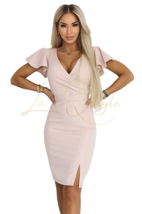 NINA elegancka sukienka z kopertowym dekoltem, rękawkiem i paskiem BEŻOWA Z BROKATEM