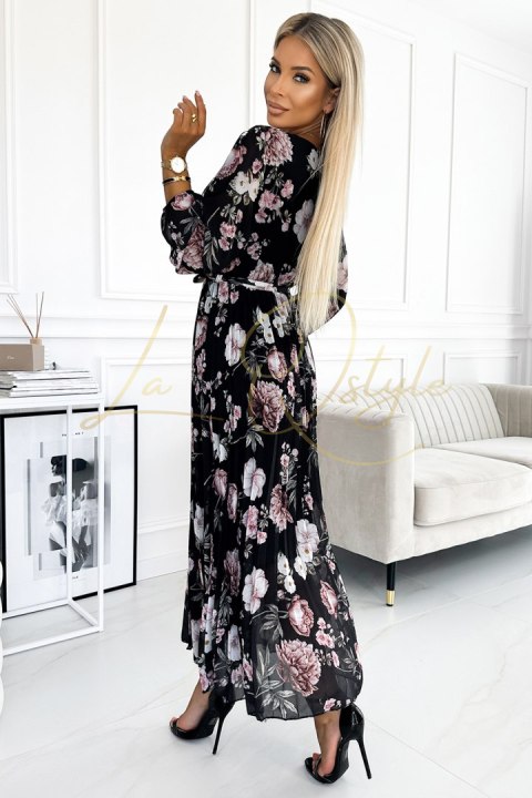 Plisowana sukienka midi z dekoltem, długim rękawkiem i wiązaniem w pasie - CZARNA w różowe kwiaty