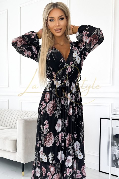 Plisowana sukienka midi z dekoltem, długim rękawkiem i wiązaniem w pasie - CZARNA w różowe kwiaty