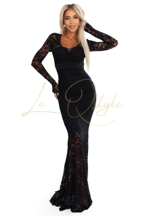 Wieczorowa koronkowa suknia maxi typu rybka z długim rękawem CZARNA