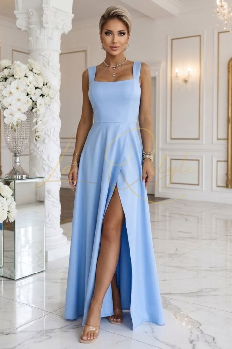 Długa sukienka na wesele z rozcięciem i dekoltem w caro BŁĘKITNA Z BROKATEM