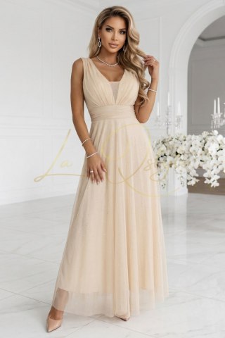 Długa sukienka maxi z brokatowym połyskiem i głębokim dekoltem SZAMPAŃSKI BEŻ