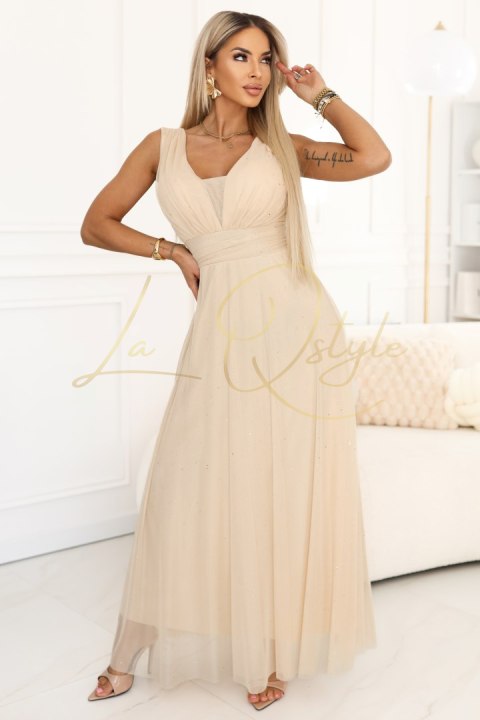 Długa sukienka maxi z brokatowym połyskiem i głębokim dekoltem SZAMPAŃSKI BEŻ