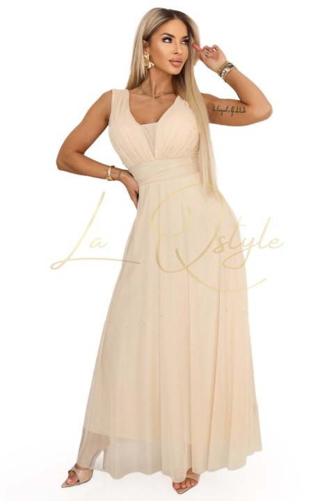 Długa sukienka maxi z brokatowym połyskiem i głębokim dekoltem SZAMPAŃSKI BEŻ