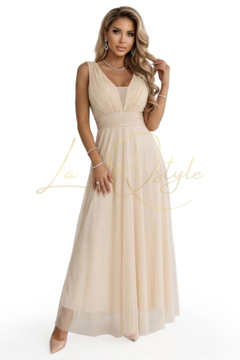 Długa sukienka maxi z brokatowym połyskiem i głębokim dekoltem SZAMPAŃSKI BEŻ