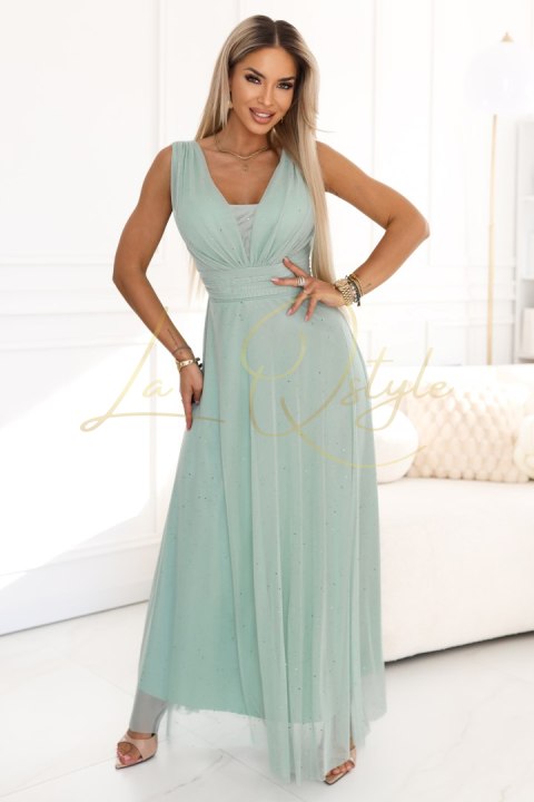 Długa sukienka maxi z brokatowym akcentem i głębokim dekoltem PISTACJOWA