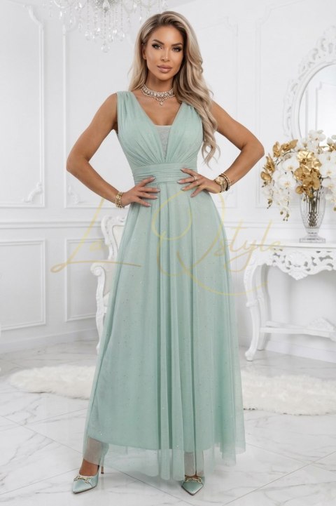 Długa sukienka maxi z brokatowym akcentem i głębokim dekoltem PISTACJOWA