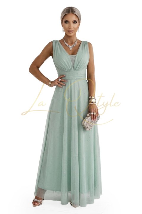 Długa sukienka maxi z brokatowym akcentem i głębokim dekoltem PISTACJOWA